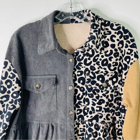 Grey black cream yellow corduroy animal print peplum button top shacket large - Picture 2 of 6